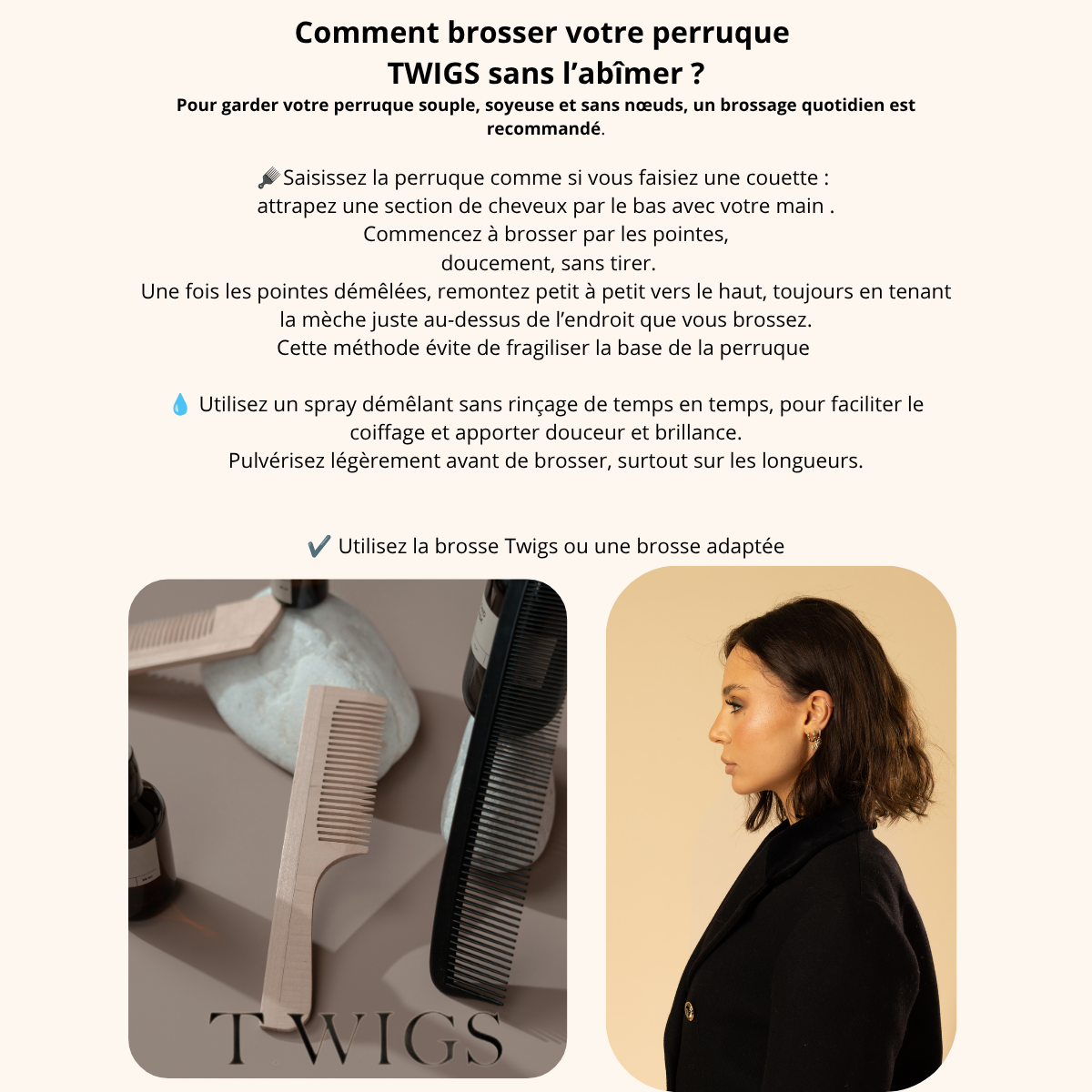 Femme brossant une perruque en cheveux naturels avec une brosse adaptée pour préserver sa qualité et son aspect naturel.